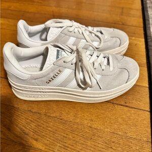 adidas Gazelle Women’s Cream Suede Platform Sneakers with White Stripes
